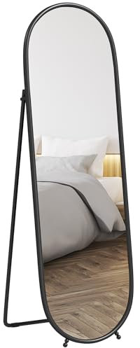 HOMCOM 40 x 160cm Full Length Mirror, Floor Standing or Leaning Against Wall Tall Mirror with Support Frame, Oval Full Body Mirror for Bedroom, Living Room, Black
