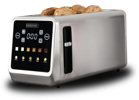 GEEPAS 5-in-1 DIGITAL 4 Slice Long Slot Toaster | Stainless Steel Housing, Extra Wide Slots LED Display & Timer | 6 Browning Level Cancel Defrost & Reheat Function Removable Crumb Tray | 1450W Silver