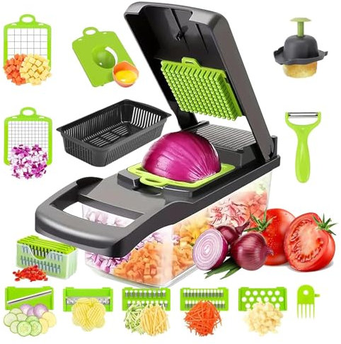 Vegetable Chopper - Vegetable Cutter 16 in 1 Mandoline Vegetable Slicer, Multifunctional Vegetable Cutter with 7 Blades, Cleaning Brush and Peeler, Veg Chopper and Dicer for Onion Garlic Potato Salad