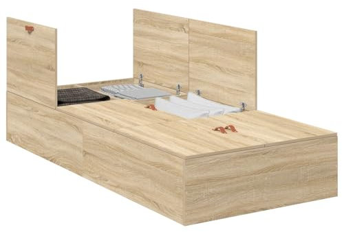 vidaXL Aufbewahrungsbettgestell Sonoma-Eiche 90 x 200 cm Holzwerkstoff, Zeitgenössisches Schlafzimmer, moderner Bettgestell, langlebige Stauraumlösung, Kiefernholz, platzsparend