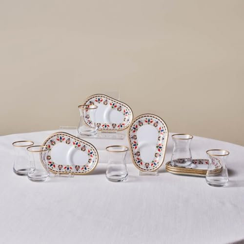 Karaca Tulip 12-Piece Turkish Tea Glasses Set for 6 People, 132ml, Glass Tea Cups with Multi-Coloured Saucers, Traditional & Modern Design