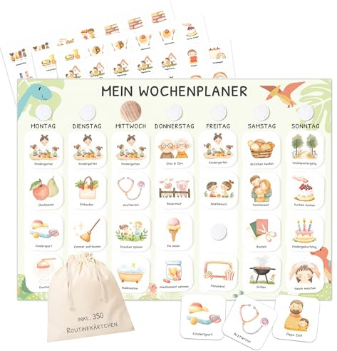 Wochenplaner Kinder mit Klettpunkten A4-Format, Montessori Tagesplan mit 350 Routinekarten – visueller Routineplaner für Kinder, Familienplaner für mehr Struktur im Alltag (Dino)