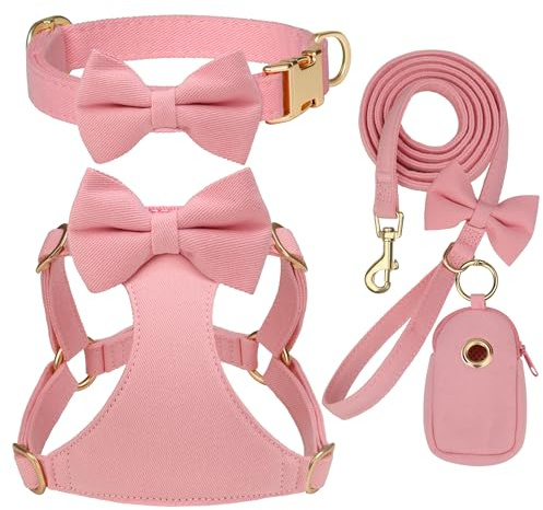 Beirui Adorable Small Dog Harness Collar Leash Set,Cute Puppy Harness with 3 Bows for XS Dogs,Yorkie,Adjustable Step-in Vest for Walking,Parties&Holiday Outfits(Pink,XS)