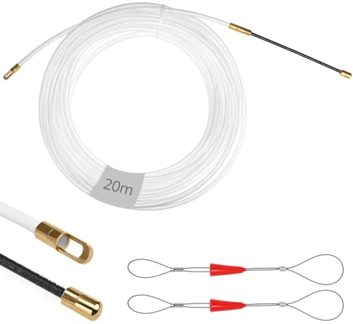 QWORK® 20 m guia pasacables, 4 mm enhebrador de alambre electrico, con 2 muelle guía, para tendido de cables y comunicaciones