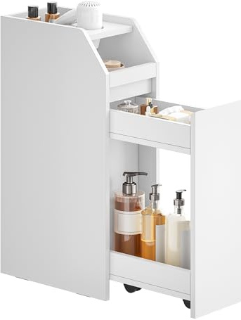 HEXCELEN Badezimmerschrank Klein, Toilettenschrank mit Schublade Rollen | Badschrank Schmal, Aufbewahrungsschrank Stehend für Kleine Räume Weiß 40 x 19 x 70cm