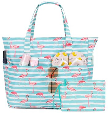 KABAQOO Large Beach Bag with Zip and Wet Compartment Beach Tote Bags for Women Family with Small Makeup Bag Summer Waterproof Sandproof Pool Bag for Swimming Travel Shopping, Green White Flamingo
