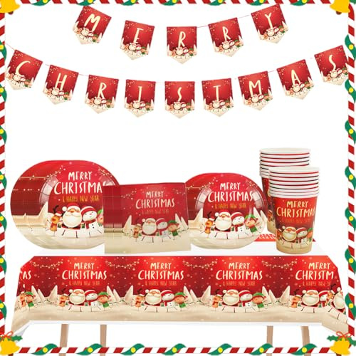 Vajilla de Fiesta de Navidad,Feliz Navidad Decoration Table Festa,Suministros de Fiesta de Navida-d Incluye Pancarta Mantel Platos Servilletas y Vasos de Papel,54 Piezas