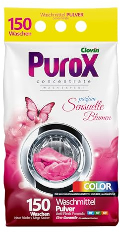 Purox Color Lessive en poudre en sachet aluminium, 150 lavages, lessive puissante, antitaches, formule antitaches, fleurs sensuelles, 10,5 kg