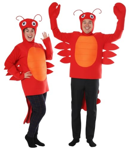 LOVETRENDS Adults Lobster Duo Costume - 2x Red All-in-One Suit with Attached Lobster Headpieces, Red Claw Gloves - Mens Womens Unisex Sea Creature Animal Fancy Dress Costume