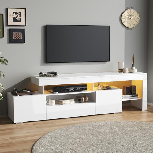 YEHTOKHOME - Mueble de TV LED blanco, armario con 3 puertas abatibles, banco de TV de 192 cm para televisor de 85 pulgadas, estantes abiertos, iluminación LED controlada por aplicación, ideal salón (C