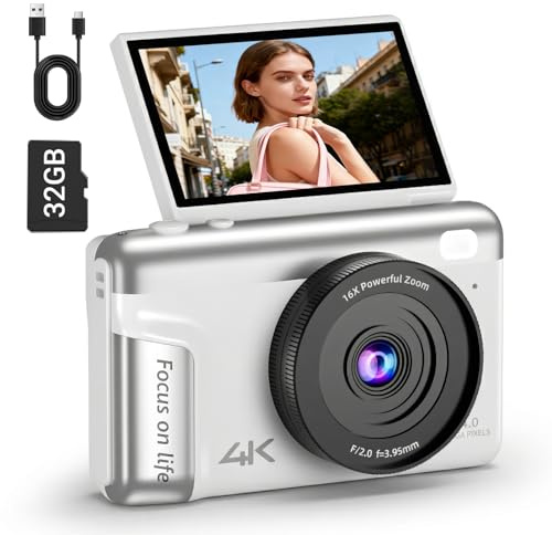 Fotocamera digitale 4K per fotografia, fotocamera Vlogging da 64 MP per YouTube con schermo flip da 3 pollici a 180° e anti-shake, zoom digitale 16x, fotocamera da viaggio compatta con scheda micro SD