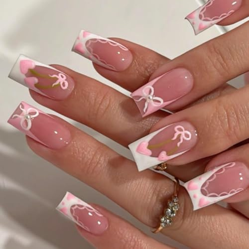White French Tip False Nails -24Pcs Pink Long Square Fake Nails - Pink Nails with White French Tip 3D Bow & Heart Design - Acrylic Fake Nails Full Cover Nail Tips - Stick on Nails with Glue