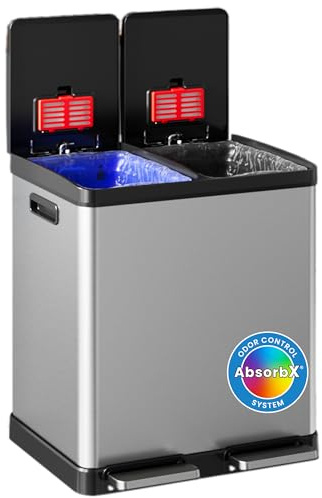 iTouchless 16 Gallon Dual Step Trash Can and Recycle Bin with Lid, Stainless Steel Kitchen Garbage 2 Compartment Sorting, Odor Control Filter, AirNova Silent Close, Fingerprint-Proof, Matte Silver