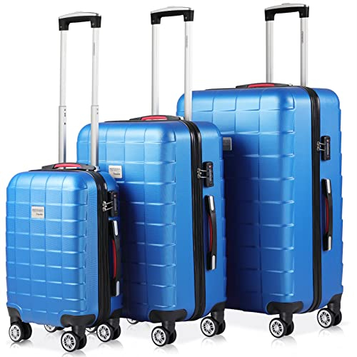 MONZANA® 3tlg. Kofferset Exopack TSA Schloss Hartschalen Koffer M-L-XL Gel-Griffe 4 Zwillingsrollen Standfüße Trolley Rollkoffer Reisekoffer Blau
