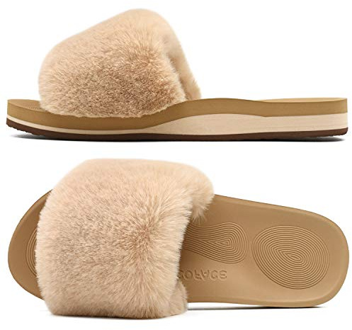 COFACE - Pantofole da donna con pelliccia sintetica, plantare con supporto dell'arco, con punta aperta, per uso interno ed esterno, Beige, 39 EU
