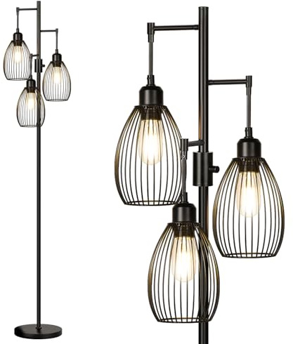 Dimmable Floor Lamp, 3 x 800LM LED Edison Bulbs Included, Farmhouse Industrial Floor Lamp Standing Tree Lamp with Elegant Teardrop Cage Tall Lamps for Living Room Bedroom Office Dining Room-Black