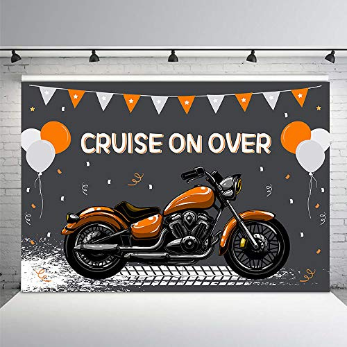 MEHOFOND Motorcycle Birthday Backdrop Orange Motocross Racing Balloon Happy Birthday Party Decoration Extreme Sports Photography Background Supplies Boys Dirt Bike Bday Cake Table Banner 7x5ft