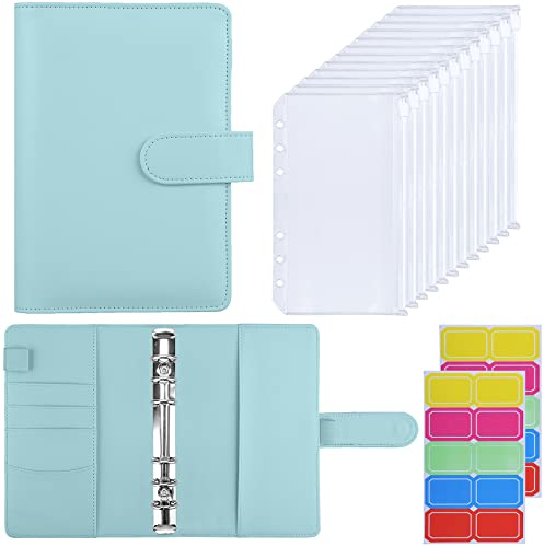 HAUTOCO Budget Planner Deutsch, A6 Budget Binder, Budgetplaner, Ringbuch A6 mit 12 Binder Taschen, Finanzplaner mit Etiketten, Sparbuch für Geld, für Reisen Tagebuch, Mintblau