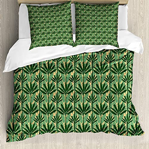 ABAKUHAUS Banana Leaf Fitted Sheet, Windmill Palm Trees, Decorative 3 Piece Bedding Set with 2 Pillow Shams, 155 cm x 200 cm - 80 x 80 cm, Pale Yellow Jade Green