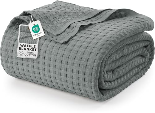 Utopia Bedding 100% Cotton Waffle Weave Blanket Queen Size for Bed - Lightweight, Breathable Summer Blankets Soft and Cozy, Gift for Mother’s Day Home Decor (Cool Grey, 90x90 Inch)