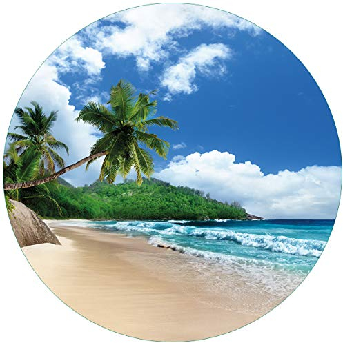 Wallario Glasbild rund Urlaub auf den Seychellen unter Palmen am Sandstrand - Rund, 50 cm Durchmesser Wandbild Glas in Premium-Qualität: Brillante Farben, freischwebende Optik
