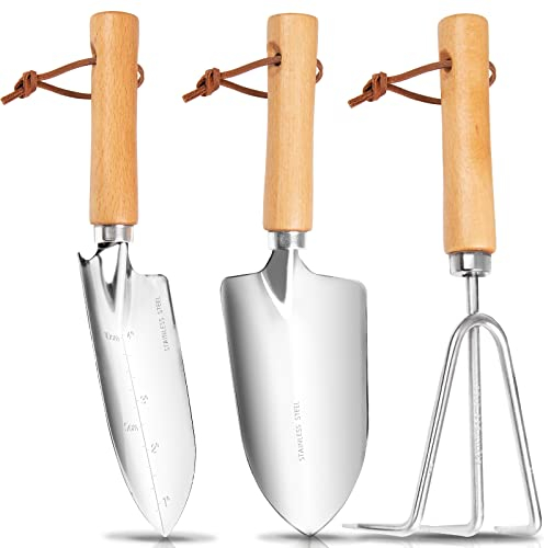 Grenebo Gardening Tools, 3-Piece Heavy Duty Garden Hand Tools Set with Wood Handle,Garden Shovel Garden Rake Garden Trowel,Rust-Proof Garden Kit, Ideal Gardening Gifts for Women