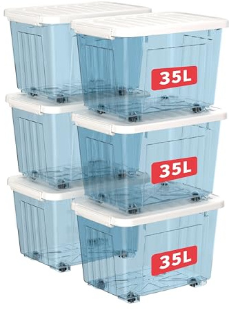 Cetomo 35L*6 Aufbewahrungsboxen, Rillen-verstärkte Kunststoffboxen mit Rollen & Deckeln, Stapelbare Aufbewahrungskiste, Ordnungsboxen für Zuhause und Büro, PP, Transparent Blau, 35L (6er Pack)