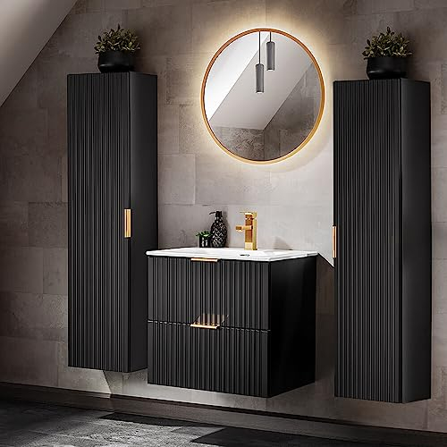 Lomadox Badezimmer Möbel Set, 60cm Waschtisch mit Keramik Waschbecken, 2 Hochschränke, matt schwarz mit gerillter Front, B/H/T ca. 160/200/46 cm