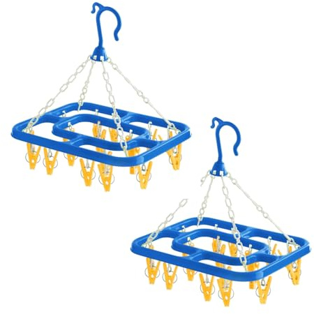 HOMESHOPA Socks Drying Rack Plastic 2 Pack Blue 18 Peg Laundry Drying Hanger Washing Line, Windproof Clip Drip Hanger for Underwear Baby Clothes Gloves Hats, Portable Indoor Outdoor Hanging Dryer