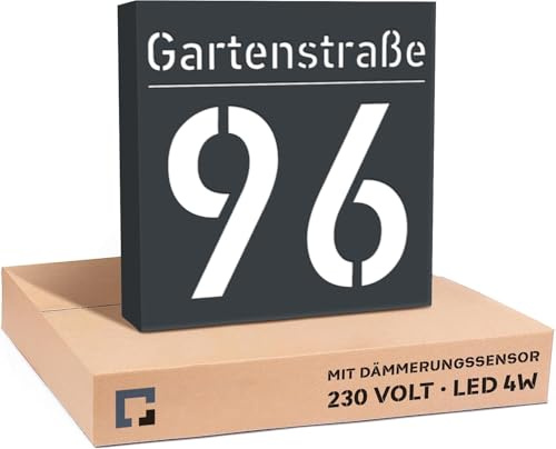 PRINTIMA Hausnummer Beleuchtet LED mit Dämmerungssensor 30x30 cm Anthrazit mit Gravur, 6W A++, 230V, wasserdicht, modernes Design, robust & stilvoll