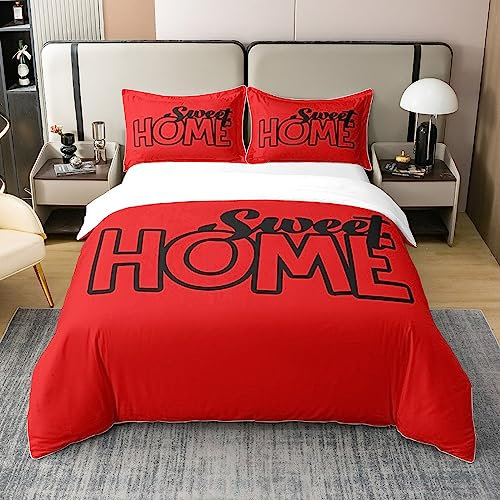 richhome Süßes Zuhause Einfaches Thema 100% Bio-Baumwolle Bettbezug Set Rot Schwarz Nette Worte Tröster Cover Set Abstrakte Kunst Bettwäsche Set 200x200