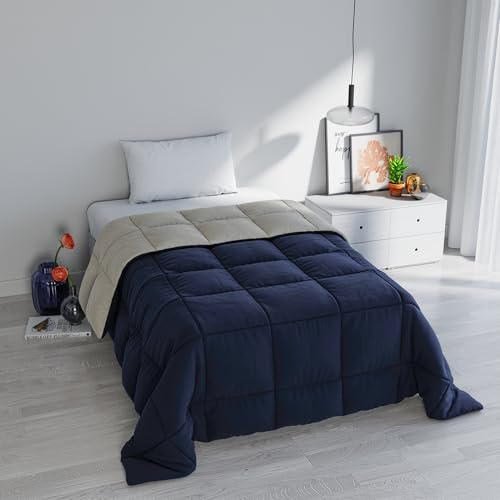 Italian Bed Linen Couette d'hiver Elegant Deux Tons, Bleu Foncé/Gris Clair, 220x260 cm