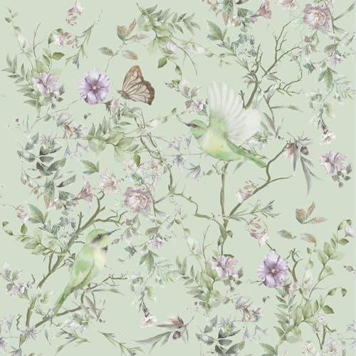 CHDITB Self Adhesive Flower Wall Mural, Butterfly & Bird Wall Decals, Waterproof (17.3x118.1 inch) Light Botanical Green Plants Wall Stickers For Living Room