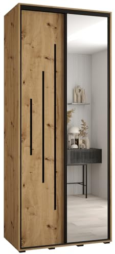 ABIKSMEBLE Cannes 13 Armoire Moderne à 2 Portes Coulissantes avec Barre, Étagères et Miroir - Armoire de Rangement pour Chambre, Salon - 205,2x110x60 cm - Artisan Artisan Noir