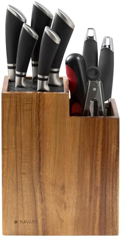 Navaris Messerblock ohne Messer aus Akazie - Hochwertiger Messerhalter - Waschbare Borsten - Messerschutz und Küchenhelfer Aufbewahrung - Messerblock Holz - Knife Holder leer