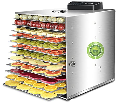 NUANYI Essiccatore per Frutta in Acciaio Inossidabile con 10 Vassoi, Senza BPA, con Timer Digitale e Controllo della Temperatura, Essiccatore Professionale per Frutta, Verdura, Carne