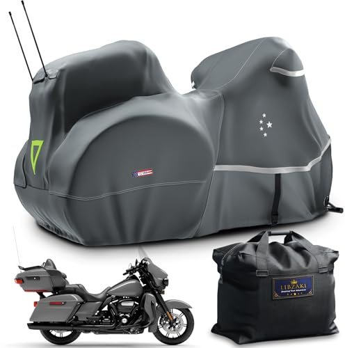 Motorcycle Cover with Side+Top Box LI LIBZAKI Heavy Duty 600D Waterproof for Touring Models Harley Davidson Ultra Limited,Road Glide Limited, Gold Wing,Road Master,Indoor & Outdoor Storage/Gray