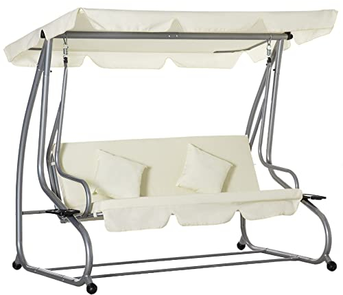 Outsunny Dondolo da Giardino convertibile in Letto a Dondolo, Dondolo 3 Posti in Acciaio e Poliestere con Tetto Regolabile e 2 Portabicchieri, 200x120x164 cm, Crema