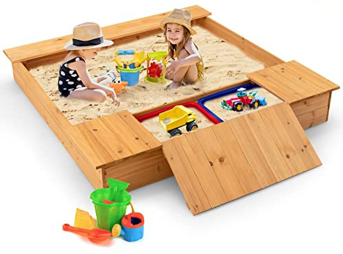 COSTWAY Kids Sandbox, 125 x 122cm Wooden Square Sandpit with 2 Removable Boxes, Bench Seat, Outdoor Sand Box for Backyard Garden Beach