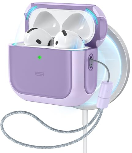 ESR Hülle für AirPods 4, Kabelloses Laden, Magnetischer Deckel, Lila | Schutzhülle mit Handschlaufe, kompatibel mit AirPods 4 Gen. (2024) USB-C, Schutzhülle, Orbit Hybrid Serie