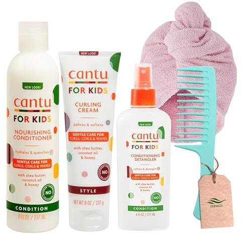 Kids Conditioning Curly Hair Bundle with Cantu Curling Cream 227g Detangling Spray 177ml and Cantu Kids Conditioner 237ml and Ferwizz Wide Tooth Comb and Microfibre Hair Wrap