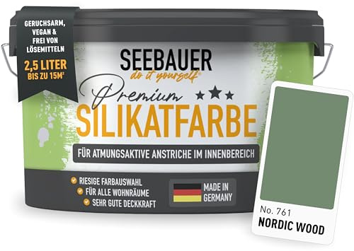 SEEBAUER diy Silikatfarbe Dunkelgrün 2,5L für Innen (No. 761 Nordic Wood) Atmungsaktive Mineralfarbe für Allergiker - Abwaschbare Wandfarbe - Grüntöne hohe Deckkraft