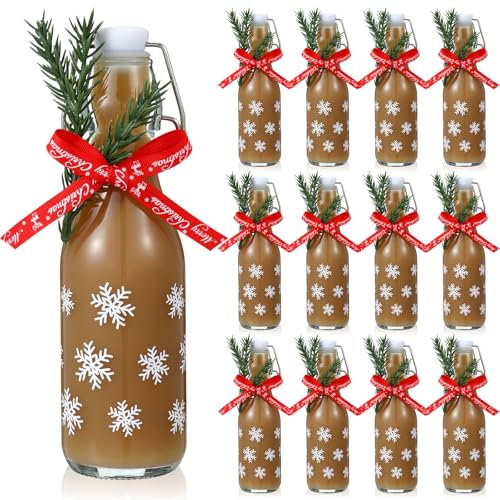 Sieral 12 Pack Christmas Snowflake Swing Top Glass Bottle 8oz Clear Flip Top Beer Brewing Bottles with Ribbon and Artificial Branches for Liquids Wine Christmas Xmas Gifts