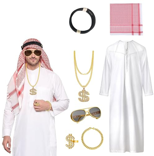 Scheich Kostüm Herren, Faschingskostüme Männer, Araber Kostüm, Karneval Kostüm Herren Arabische Kleidung mit Kopftuch, Gewand, Finger Ring, Halsketten, Sonnenbrillen für Karneval, Cosplay (XL)