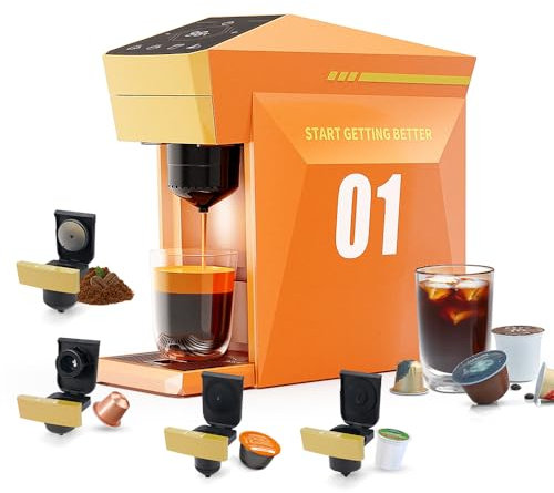 BENFUCHEN Cafetera 4 en 1 de un solo uso, cafetera espresso de 19 bares para cápsulas KCup/Nes presso OriginalLine/Dolce Gusto/Café molido, naranja vibrante
