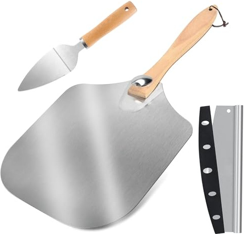 JUSTHERE Pizzaschieber Set, Inklusive 35,5cm x 30,5cm Pizzaschaufel Großer Pizzaschneider und kleiner Pizzaspachtel, Pizza Schieber mit Abnehmbarem Holzgriff, Aluminium Pizza Zubehör für Partys