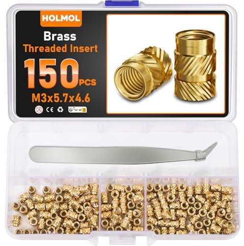HOLMOL Gewindeeinsatz 150 Stück Set, Messing Einschmelzgewinde M3x5,7x4,6mm für Kunststoff, Gerändelt Einpressmuttern für 3D Druck Zubehör und DIY Projekte, Gewindeeinsätze mit Pinzette