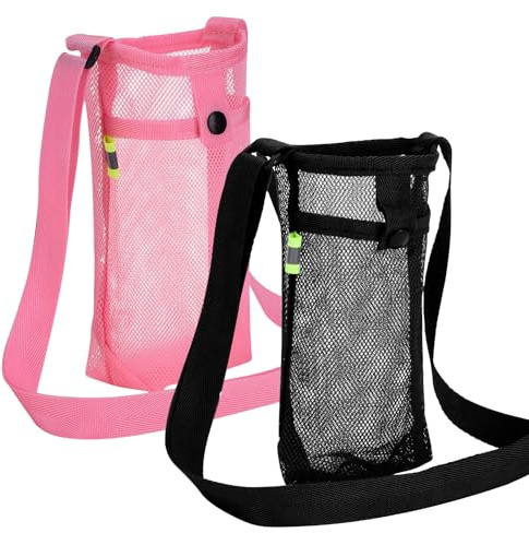 2 PCS Soporte Botella, Bolsa de Malla para Botella de Agua con Hombro Ajustable, Adulto Niño Taza Bolsa Protectora Exterior para Verano Senderismo Gimnasio Campamento Viajes(Negro+Rosa)