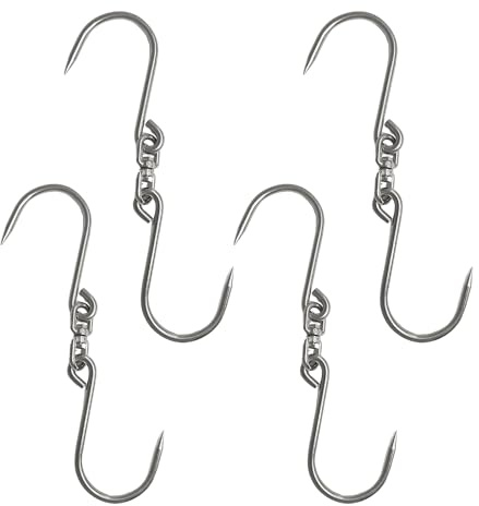 Cutlery Mania Heavy-Duty Hinged Double Meat Hook – 4-Pack – Stainless Steel Swiveling Butcher Hook for Hanging, Skinning, and Processing Game, Pork, Beef – Sharp, Durable, Food-Grade (10 in, 10 mm)
