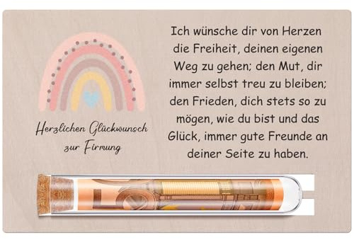 Otuuz Cadeau d'argent de Communion Cadeau de Confirmation pour Filles Garçons Éprouvette Carte de Confirmation en Bois pour Enfants Baptême Jeunesse(Arc-en-Ciel Firmung)